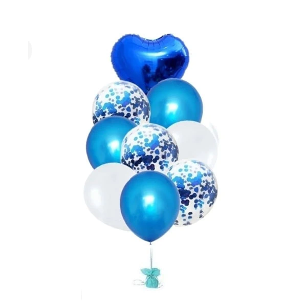 Set x9 Globos Corazón + Látex + Confetti Azul