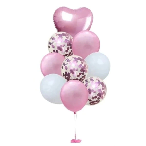 Set x9 Globos Corazón + Látex + Confetti Rosa