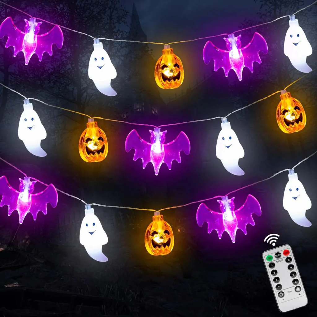 Guirnalda LED Halloween 20 Luces - Murciélago/Calabaza/Fantasma (Luz Cálida, AA)