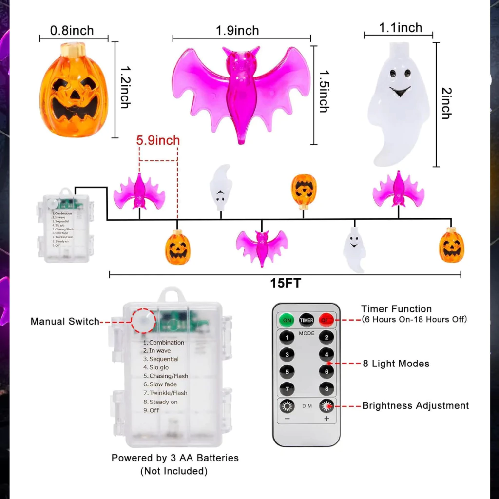 Guirnalda LED Halloween 20 Luces - Murciélago/Calabaza/Fantasma (Luz Cálida, AA)