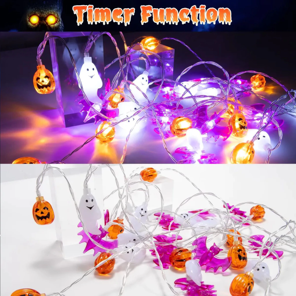 Guirnalda LED Halloween 20 Luces - Murciélago/Calabaza/Fantasma (Luz Cálida, AA)