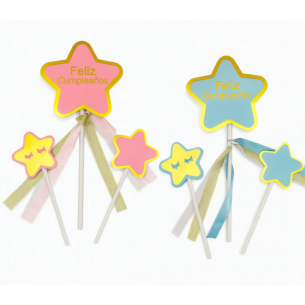 Adorno para Torta "Feliz Cumpleaños" con 3 Estrellas – Colores Surtidos