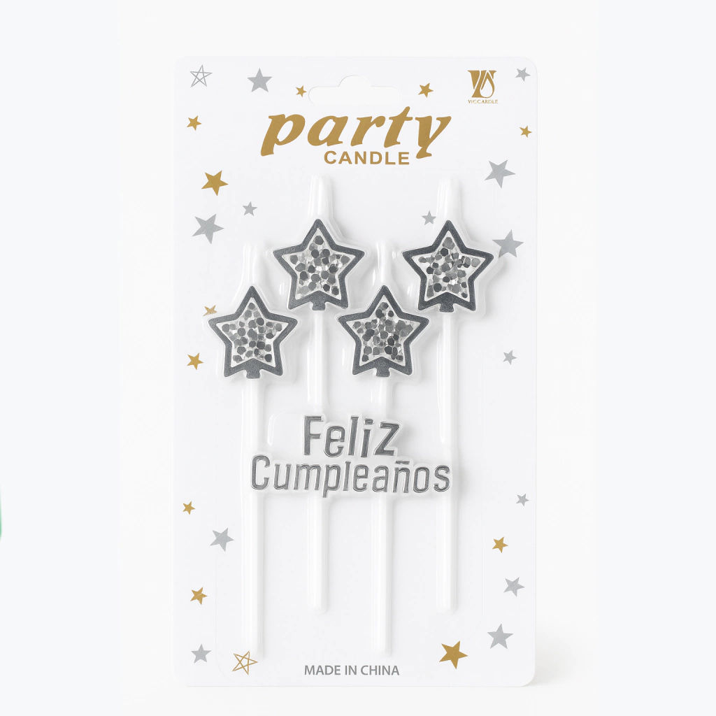 Vela Estrella Plateada con Confetti Plateado Pack x4U - "Feliz Cumpleaños"