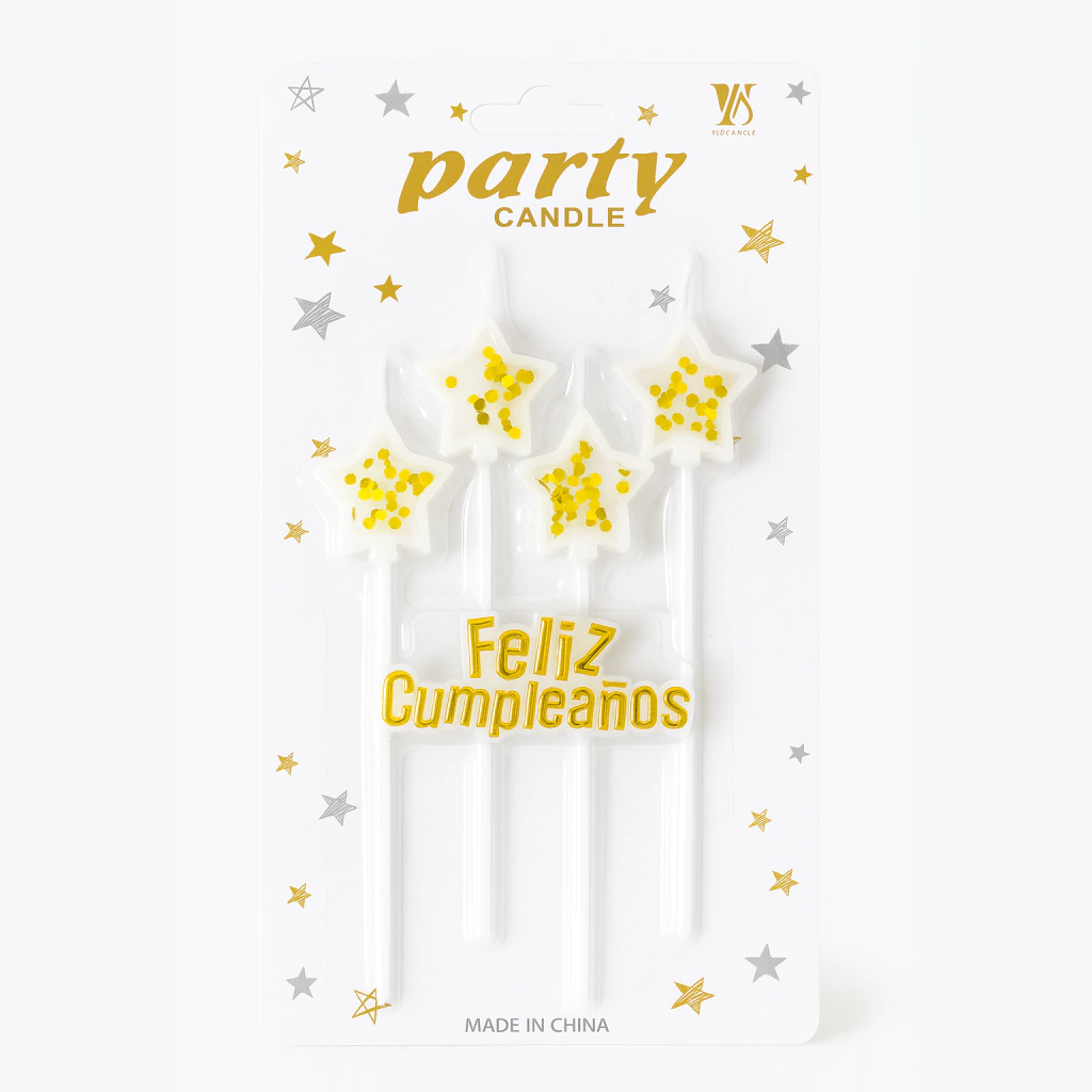 Vela Estrella Blanca con Confetti Dorado Pack x4U - "Feliz Cumpleaños"