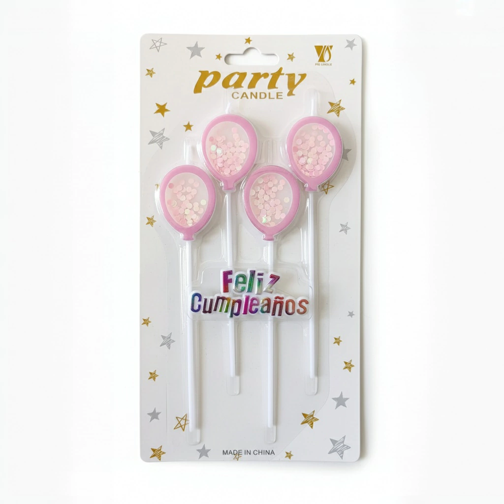 Vela Globito Rosa con Confetti Rosa Pack x4U - "Feliz Cumpleaños"