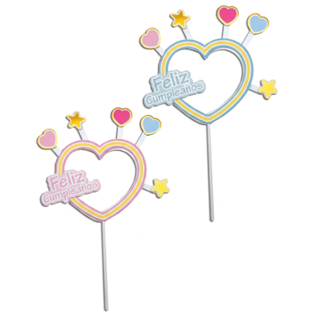 Adorno para Torta "Feliz Cumpleaños" Corazón Calado Celeste/Rosa