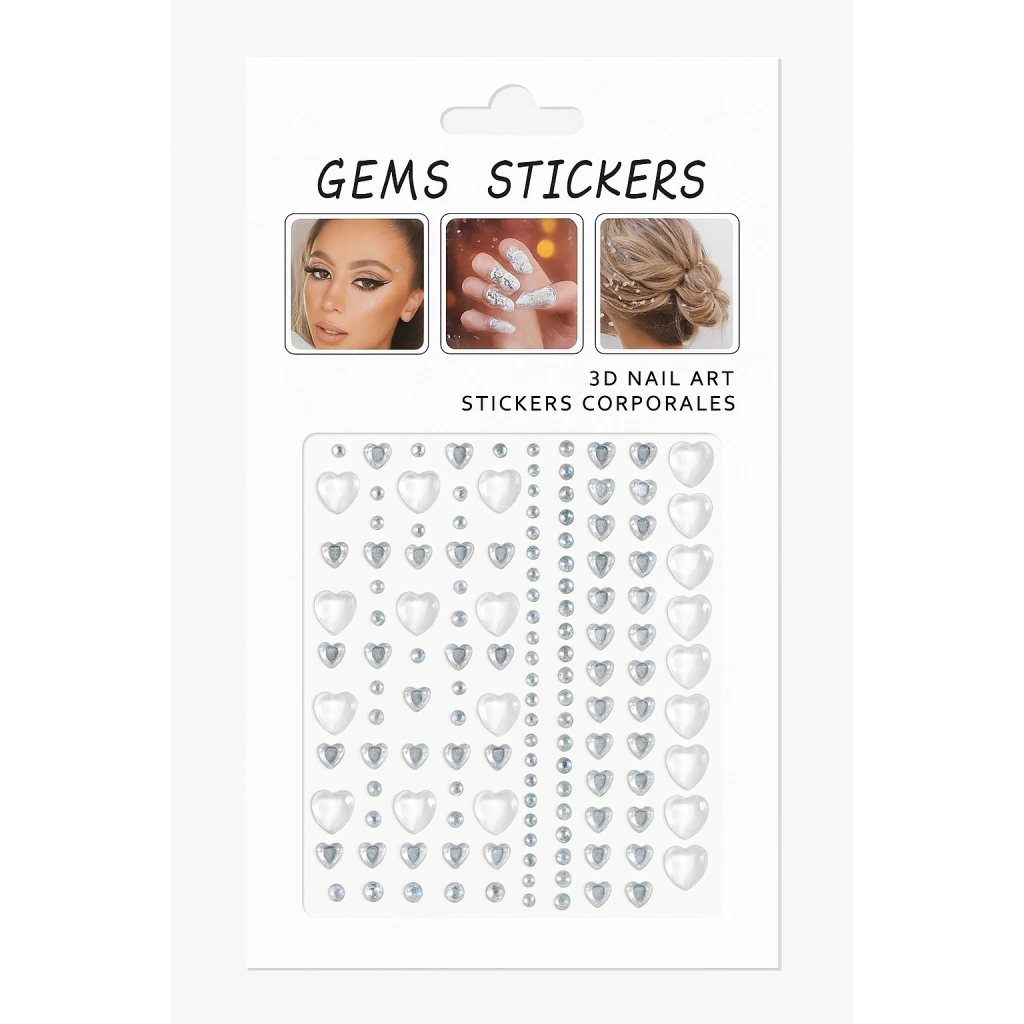 Cristales Gemas Autoadhesivos Plata y Blanco para Rostro, Pelo y Uñas