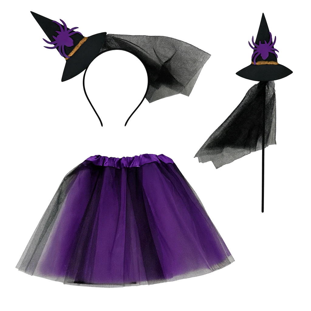 Set Halloween Bruja Violeta x3 - Vincha, Varita y Tutú