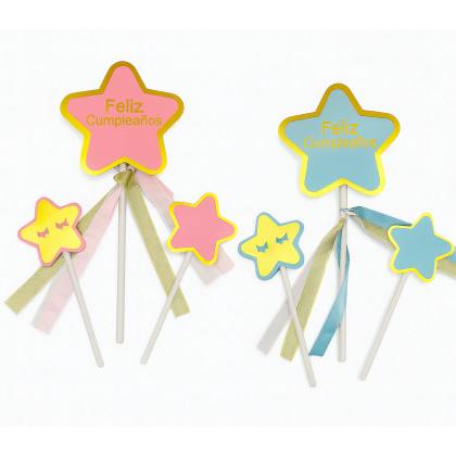 Adorno para Torta "Feliz Cumpleaños" con 3 Estrellas – Colores Surtidos