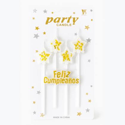Vela Estrella Blanca con Confetti Dorado Pack x4U - "Feliz Cumpleaños"