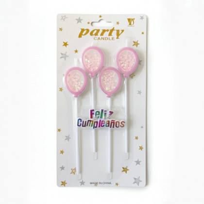 Vela Globito Rosa con Confetti Rosa Pack x4U - "Feliz Cumpleaños"